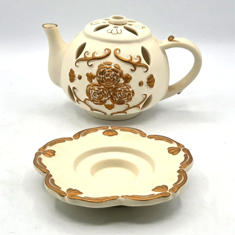 Partylite TEAPOT Tealight Candle Holder TEA TIME Luminary P7301 Porcelain Bisque